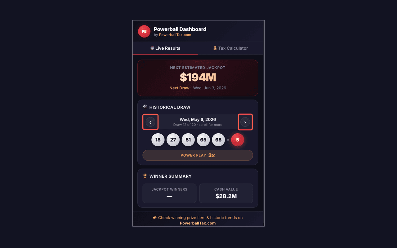 Powerball Dashboard 扩展展示较早一期的开奖号码,并提供上一期和下一期切换按钮