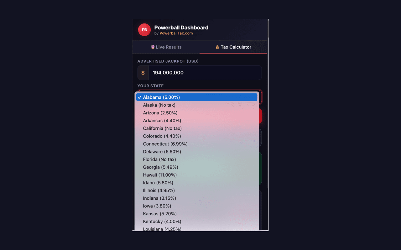 Powerball Dashboard 的州选择器,列出美国各州用于彩票税务计算