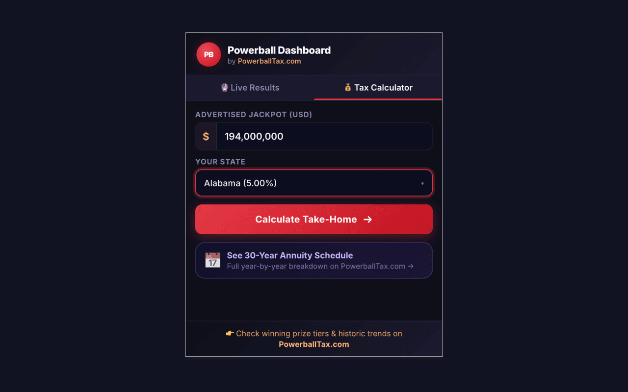 Powerball Dashboard 税务计算器,包含公布奖池、现金价值、报税身份、居留身份和州选择项